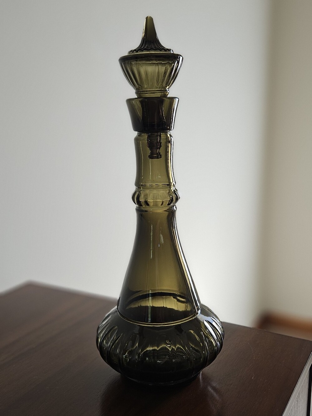 Vintage 1964 Smoked Green Glass Genie Bottle Decanter MCM